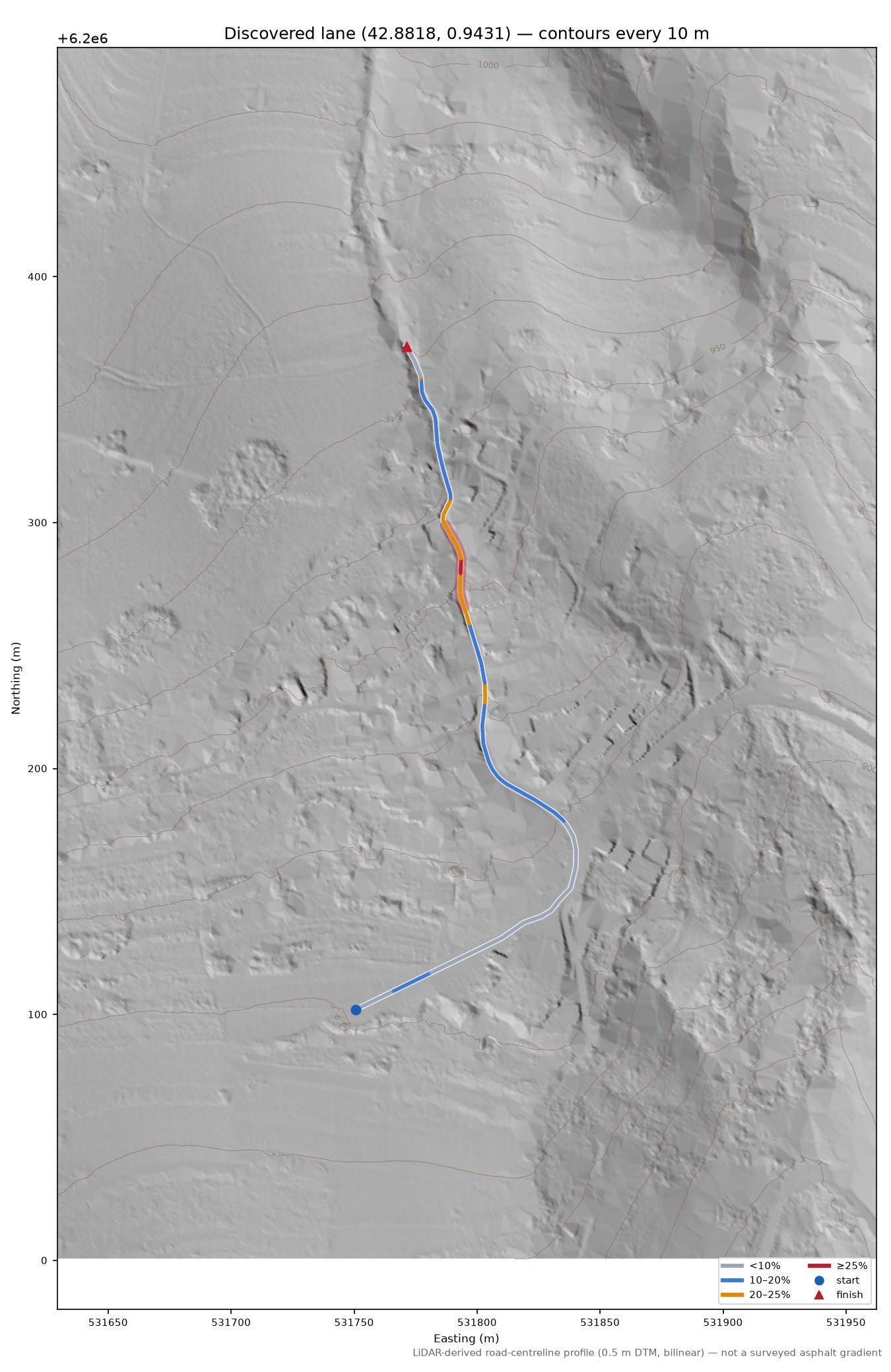 Discovered lane (42.8818, 0.9431) LiDAR hillshade map with contours
