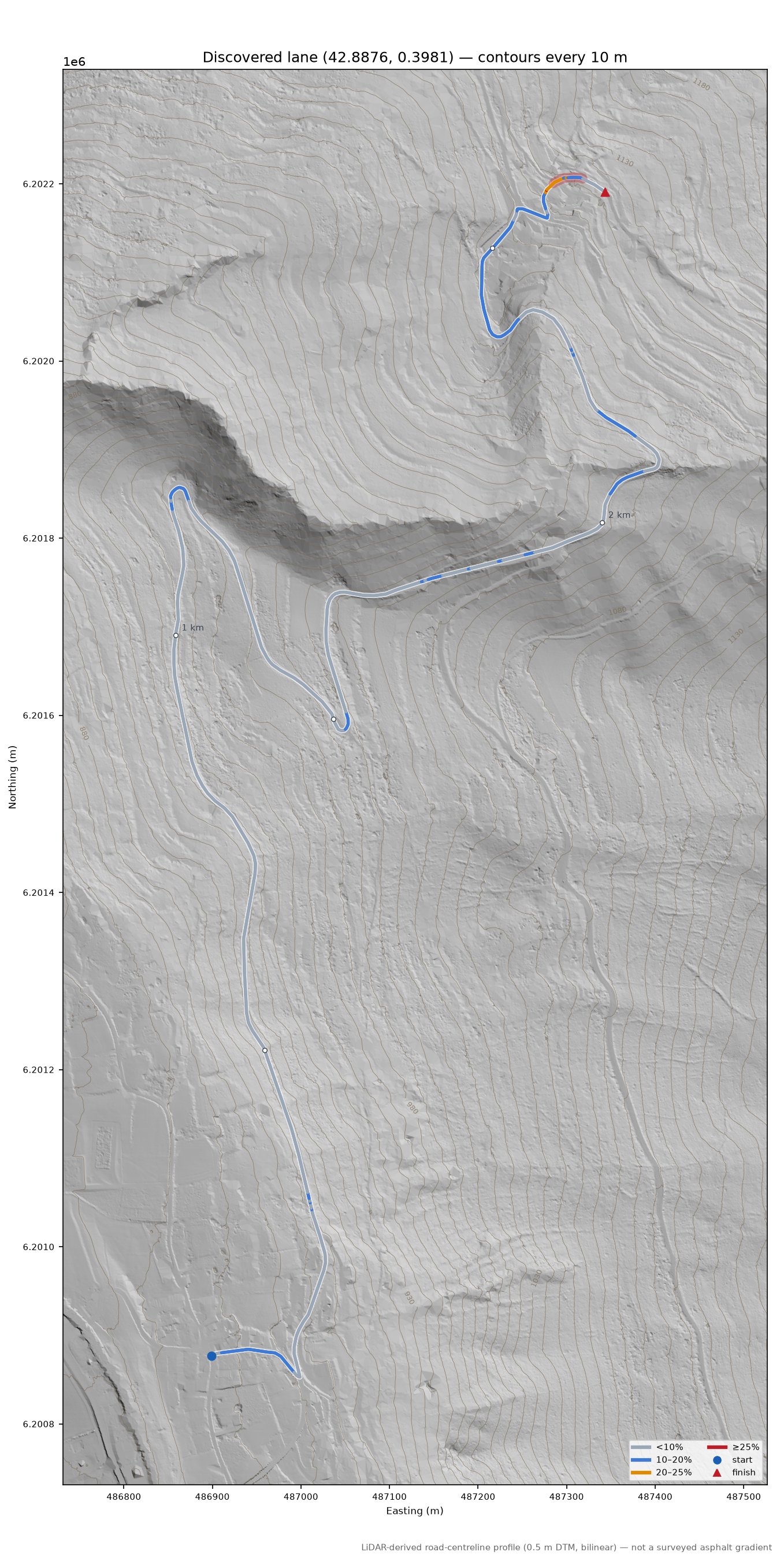 Discovered lane (42.8876, 0.3981) LiDAR hillshade map with contours
