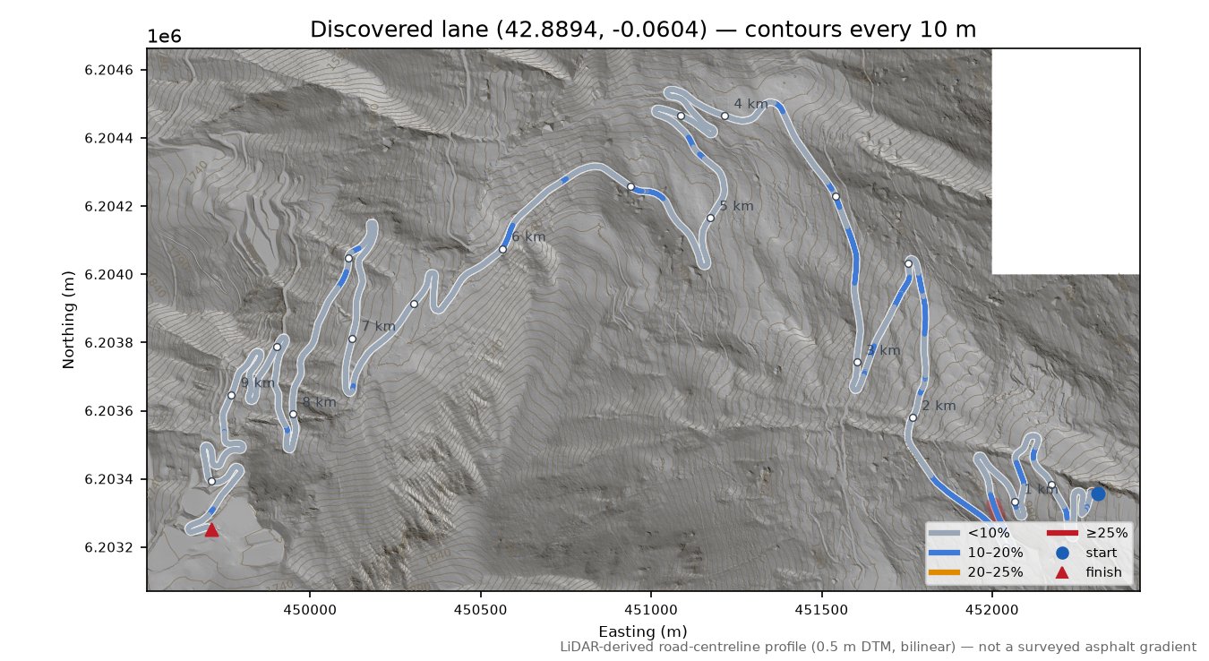 Discovered lane (42.8894, -0.0604) LiDAR hillshade map with contours