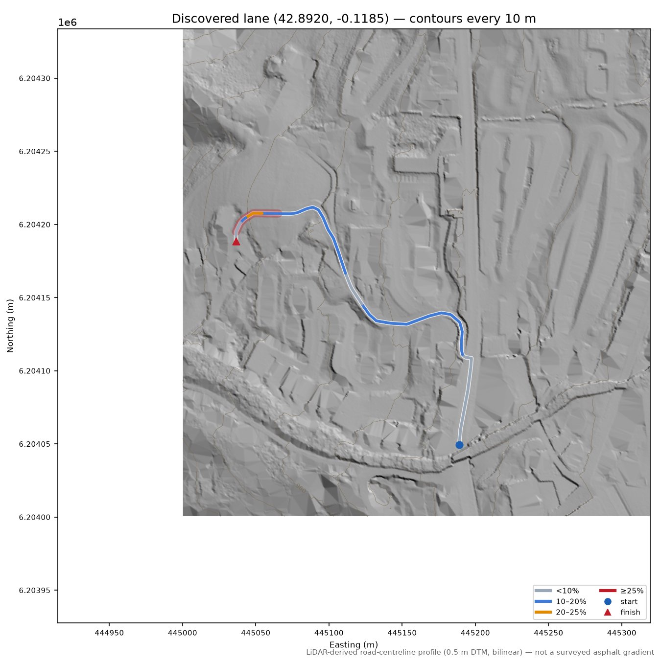Discovered lane (42.8920, -0.1185) LiDAR hillshade map with contours