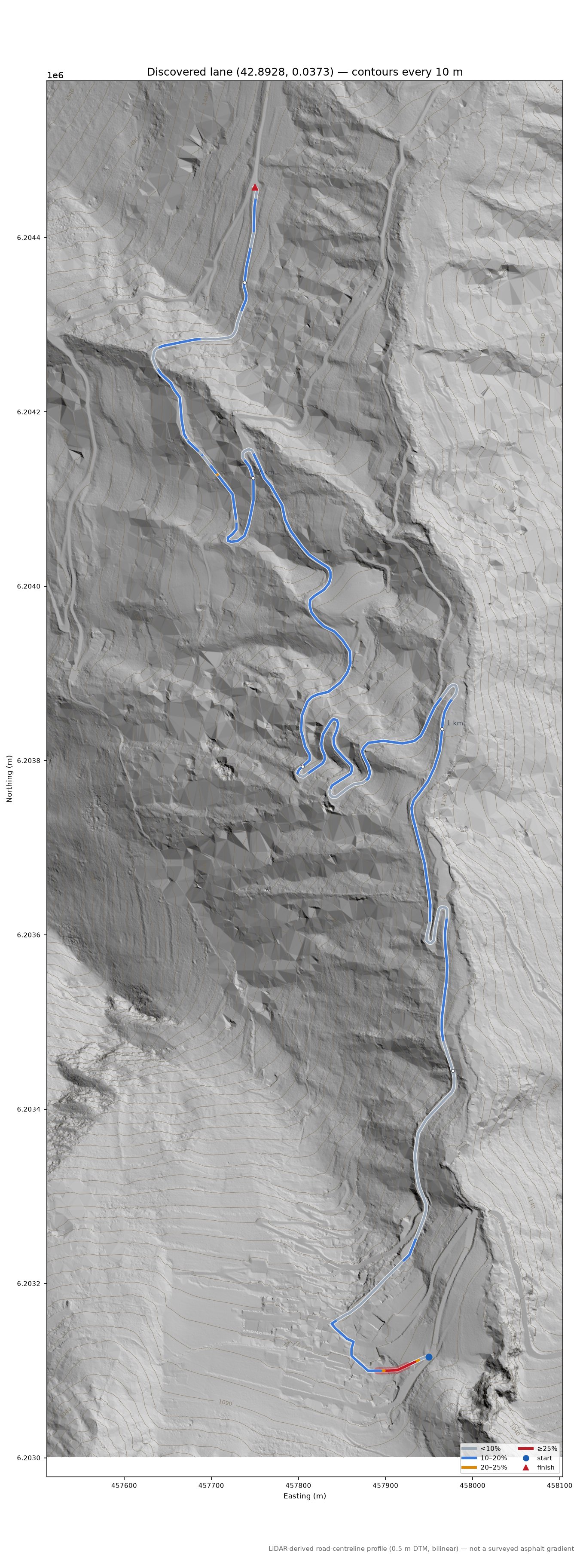 Discovered lane (42.8928, 0.0373) LiDAR hillshade map with contours