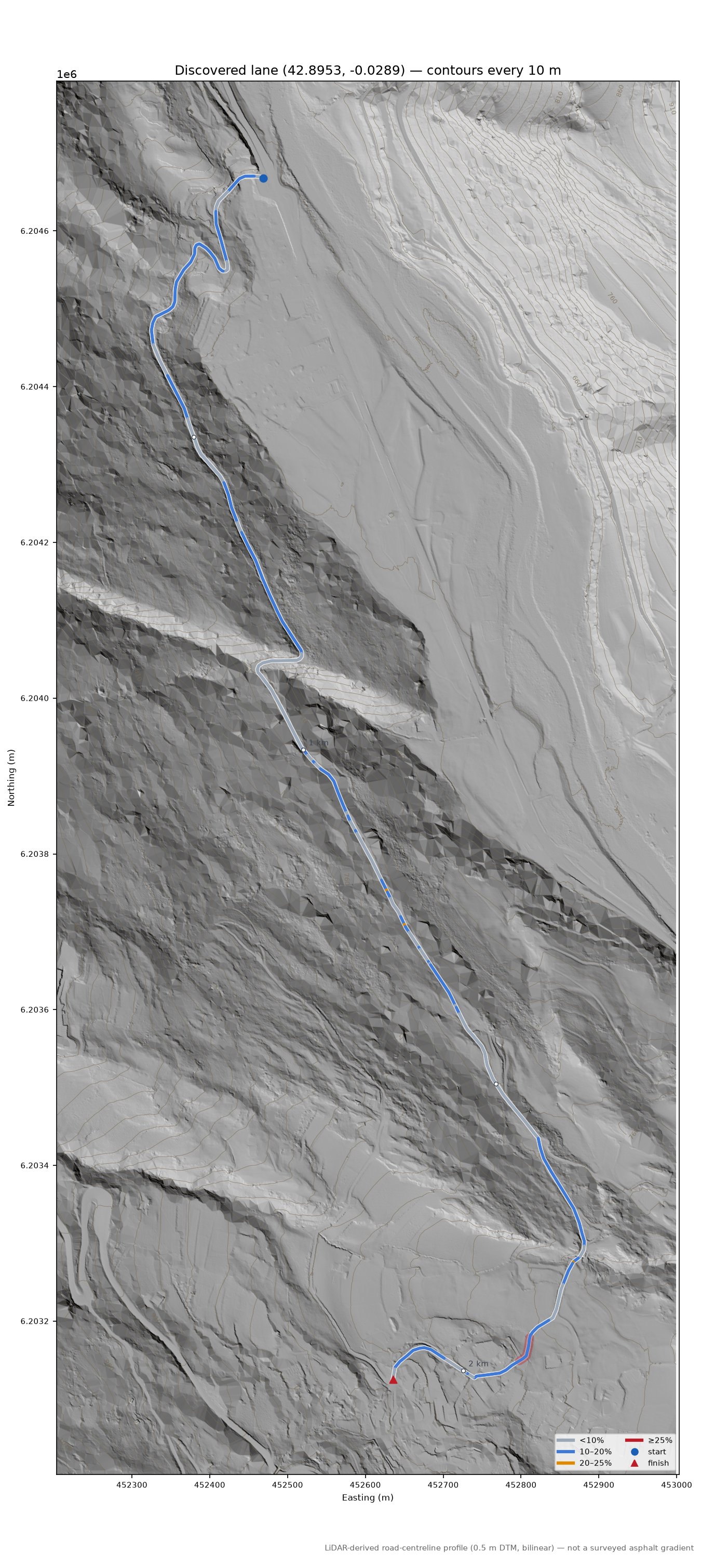 Discovered lane (42.8953, -0.0289) LiDAR hillshade map with contours