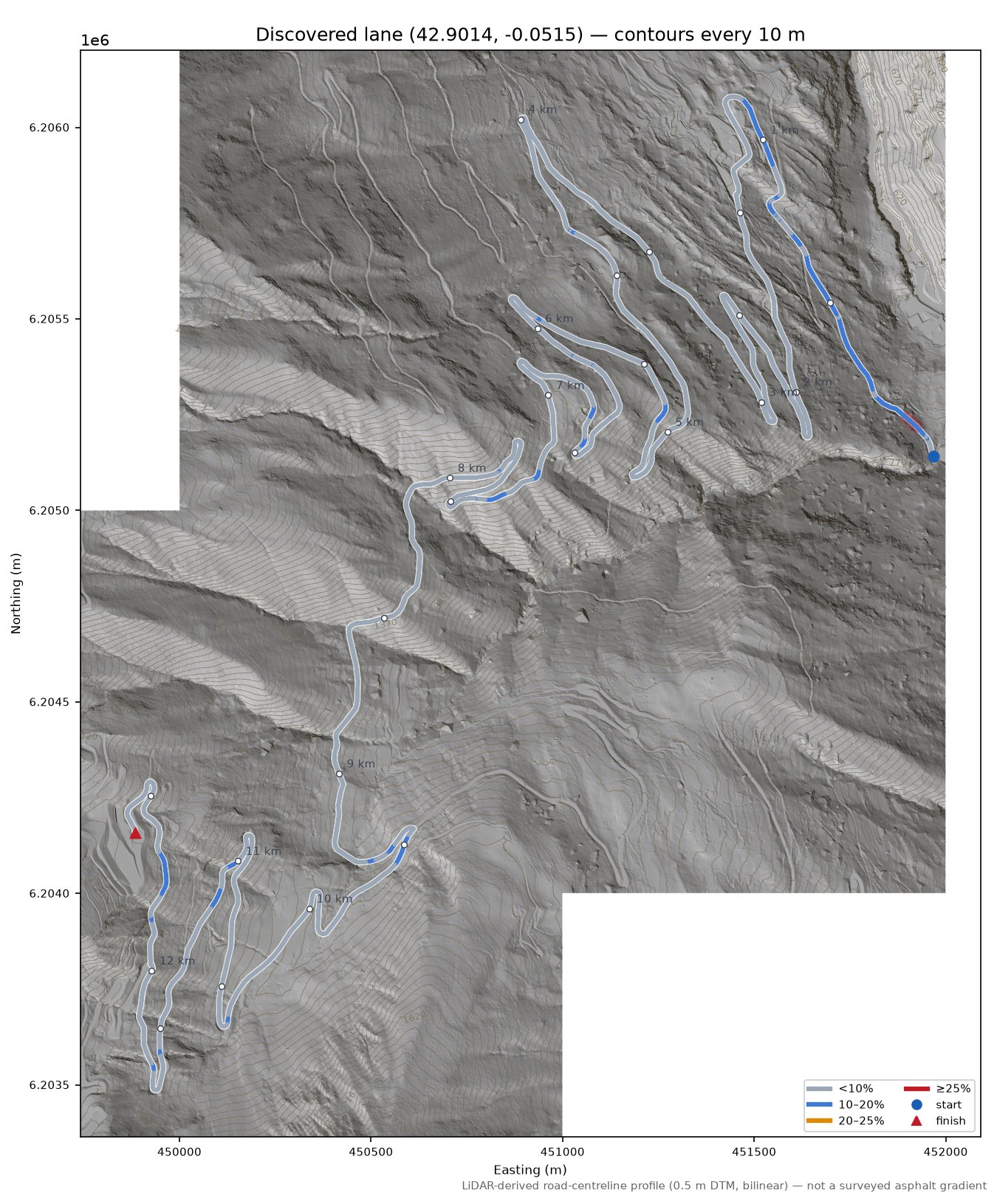 Discovered lane (42.9014, -0.0515) LiDAR hillshade map with contours