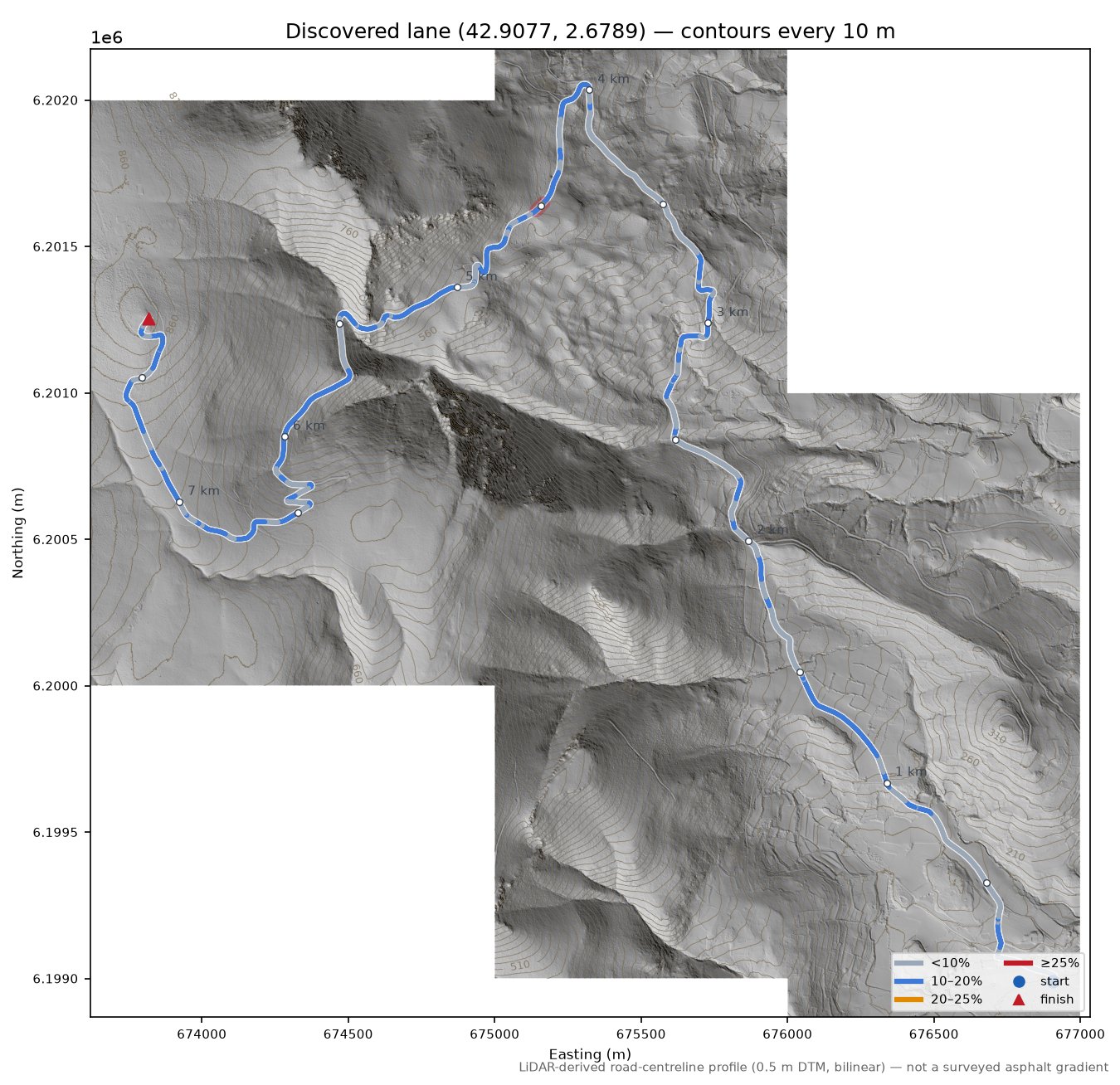 Discovered lane (42.9077, 2.6789) LiDAR hillshade map with contours