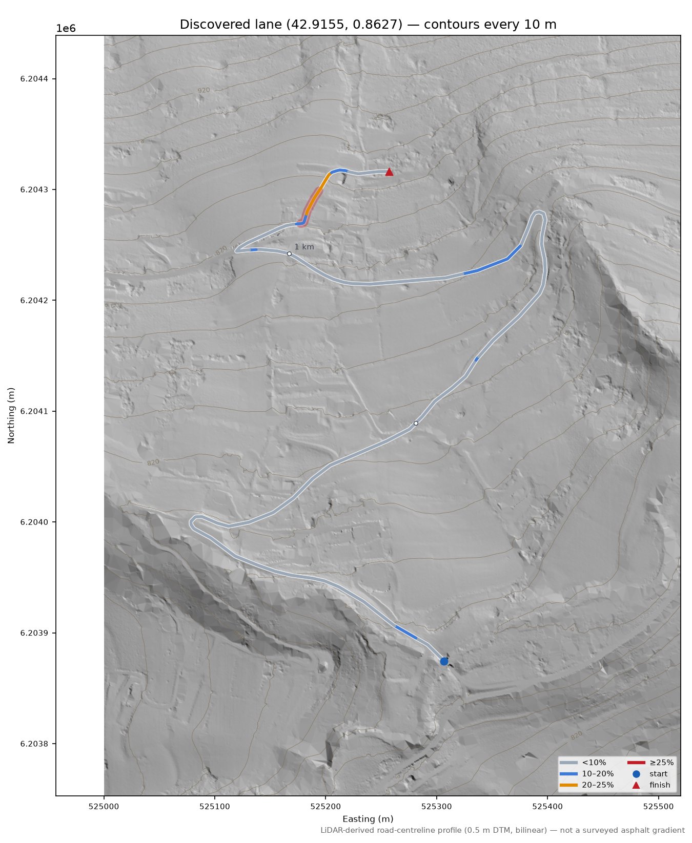 Discovered lane (42.9155, 0.8627) LiDAR hillshade map with contours