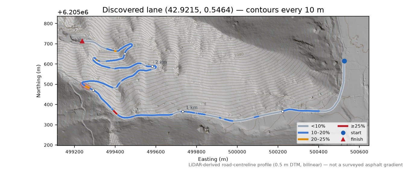 Discovered lane (42.9215, 0.5464) LiDAR hillshade map with contours