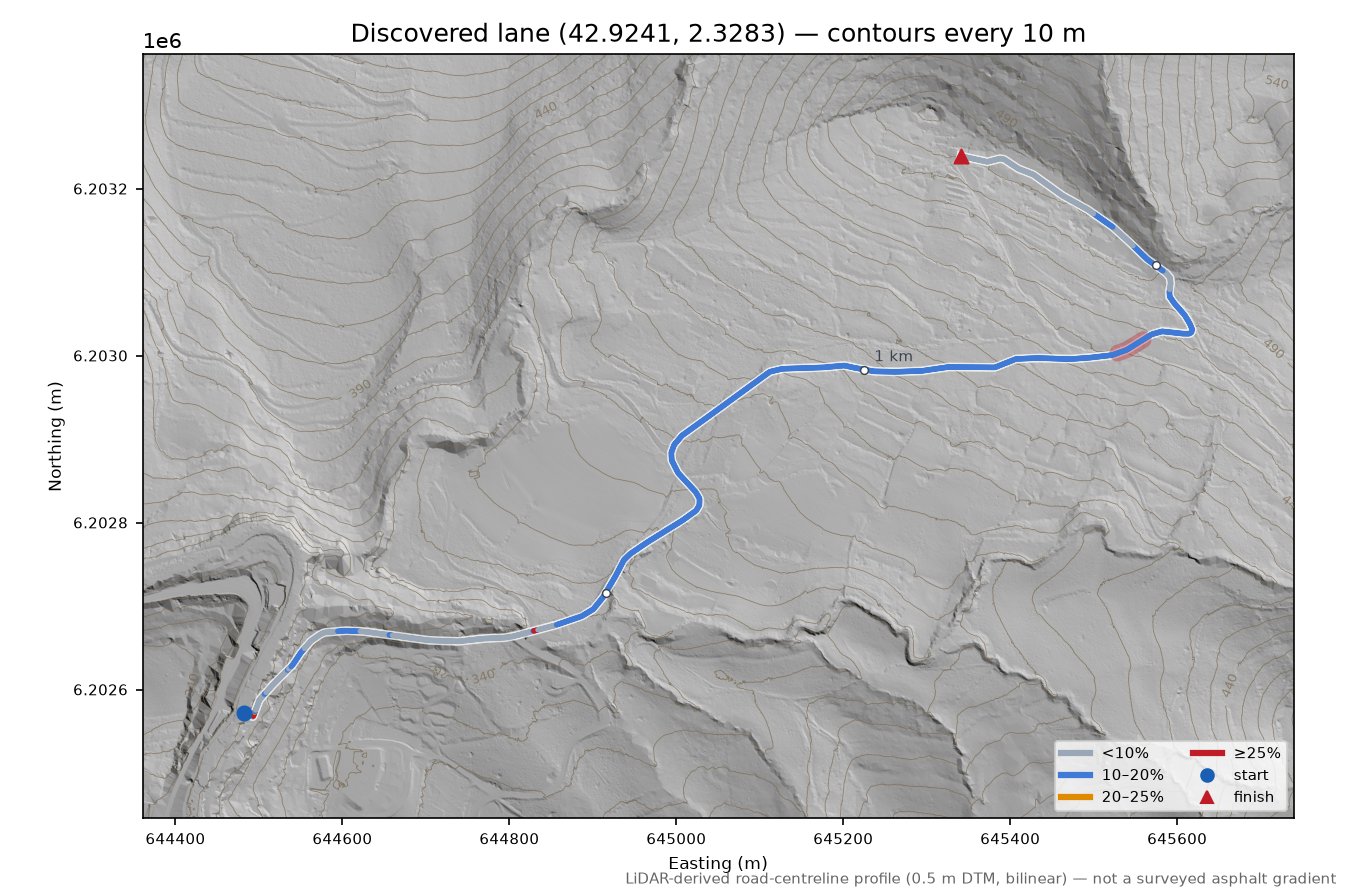 Discovered lane (42.9241, 2.3283) LiDAR hillshade map with contours