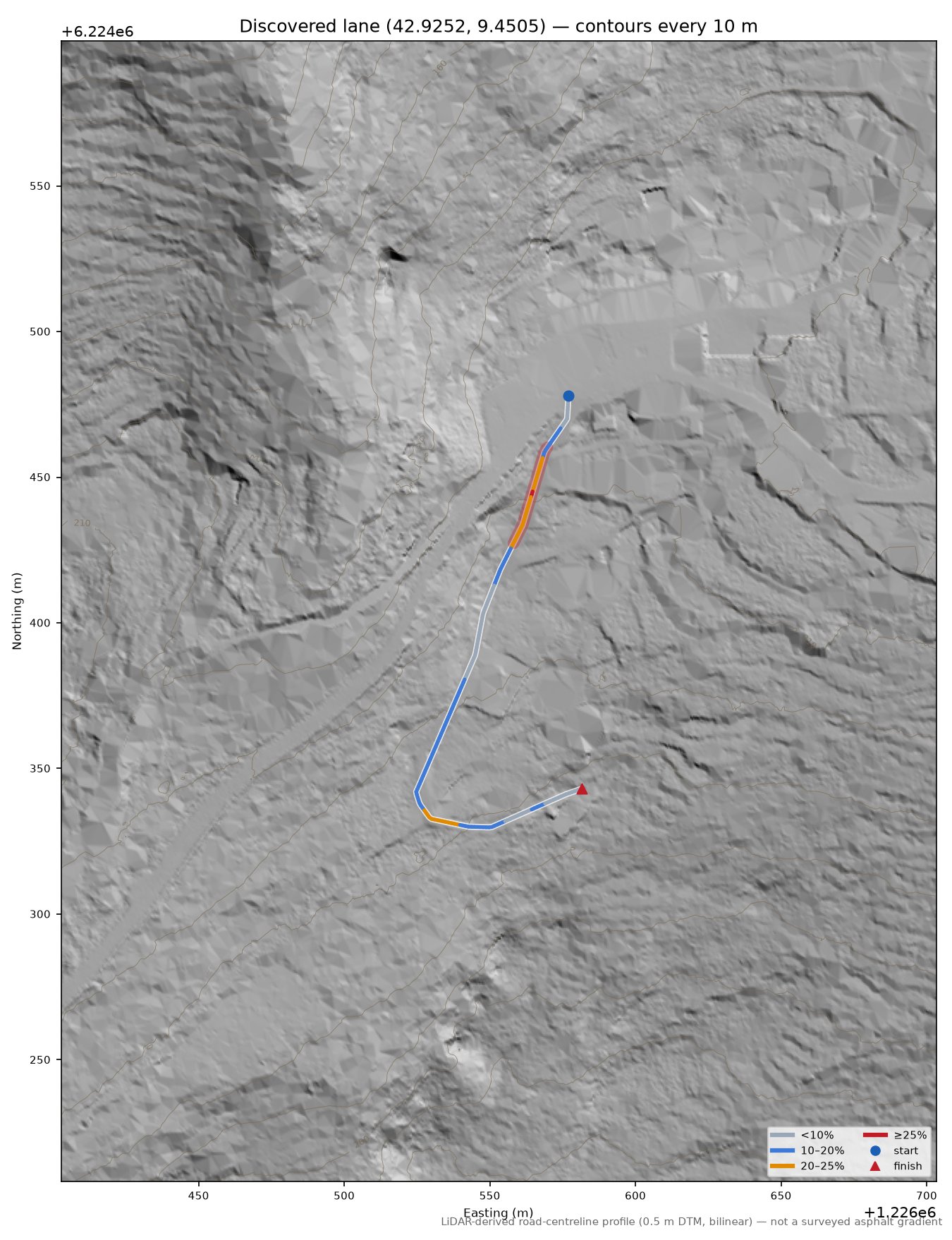 Discovered lane (42.9252, 9.4505) LiDAR hillshade map with contours