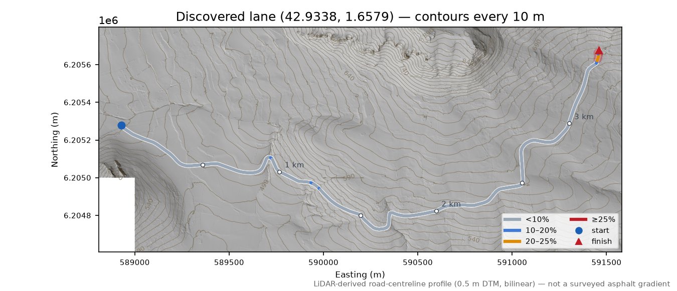 Discovered lane (42.9338, 1.6579) LiDAR hillshade map with contours