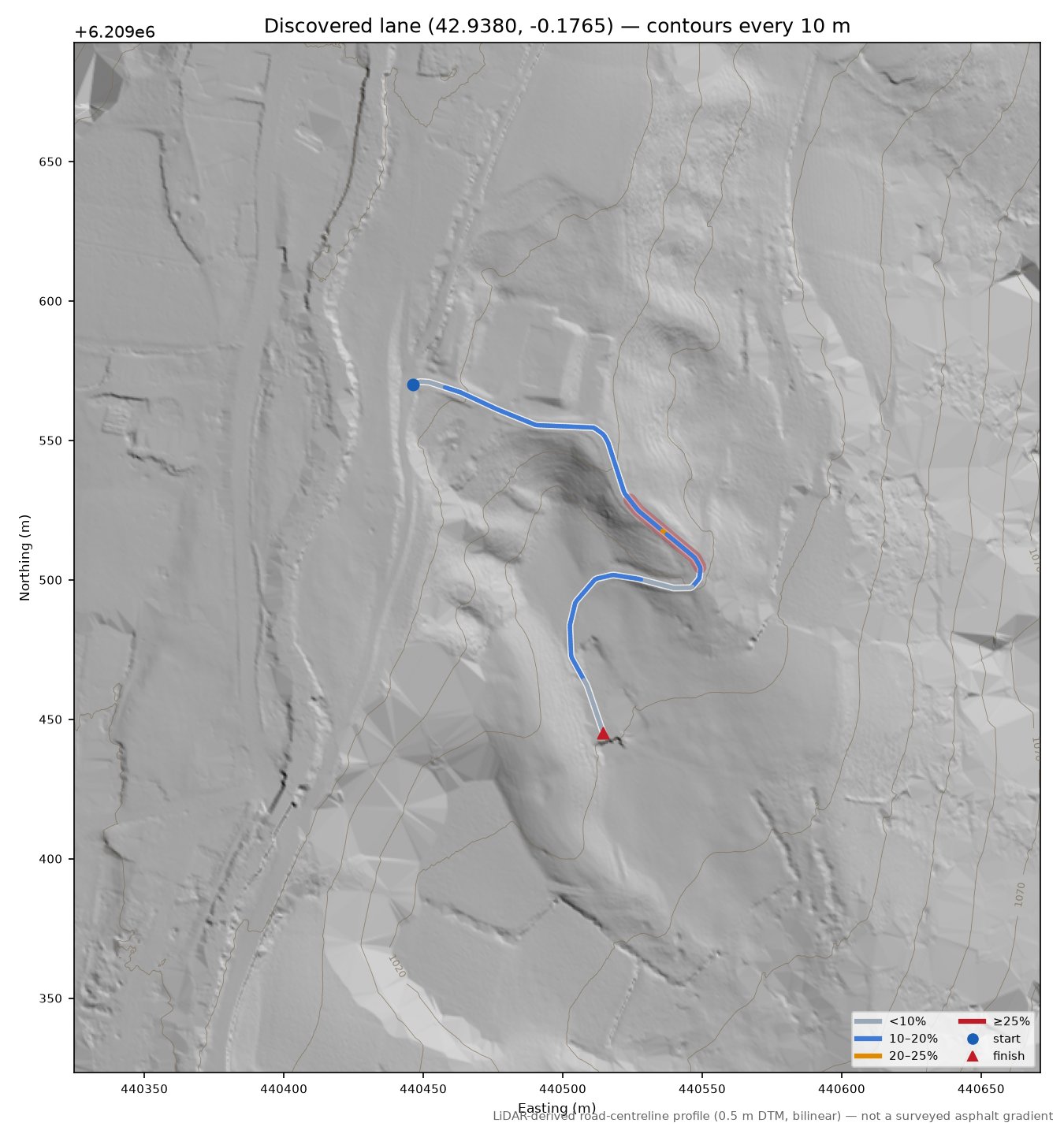 Discovered lane (42.9380, -0.1765) LiDAR hillshade map with contours