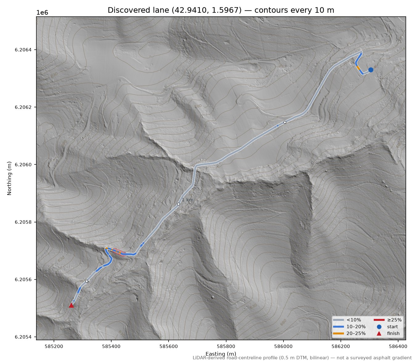 Discovered lane (42.9410, 1.5967) LiDAR hillshade map with contours
