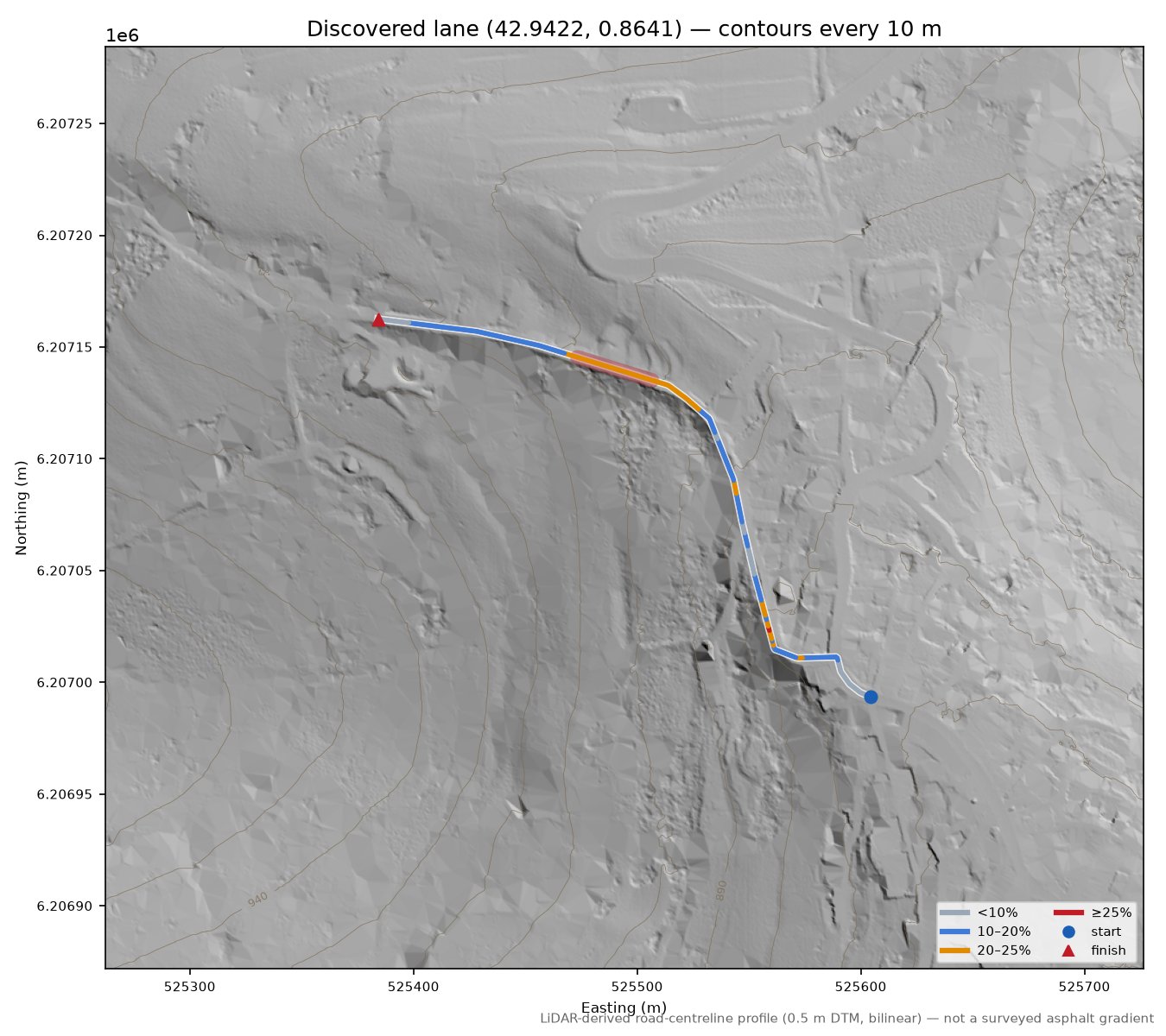Discovered lane (42.9422, 0.8641) LiDAR hillshade map with contours