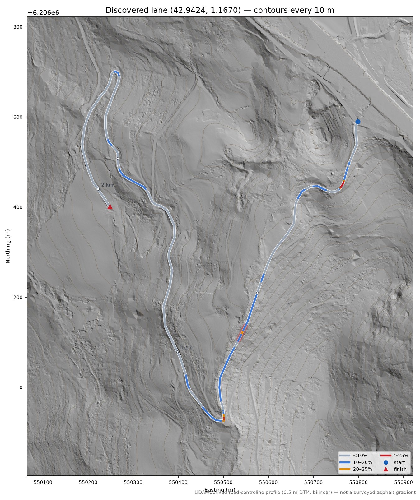 Discovered lane (42.9424, 1.1670) LiDAR hillshade map with contours