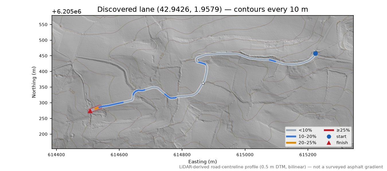 Discovered lane (42.9426, 1.9579) LiDAR hillshade map with contours