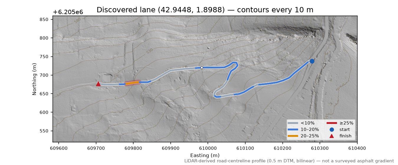 Discovered lane (42.9448, 1.8988) LiDAR hillshade map with contours