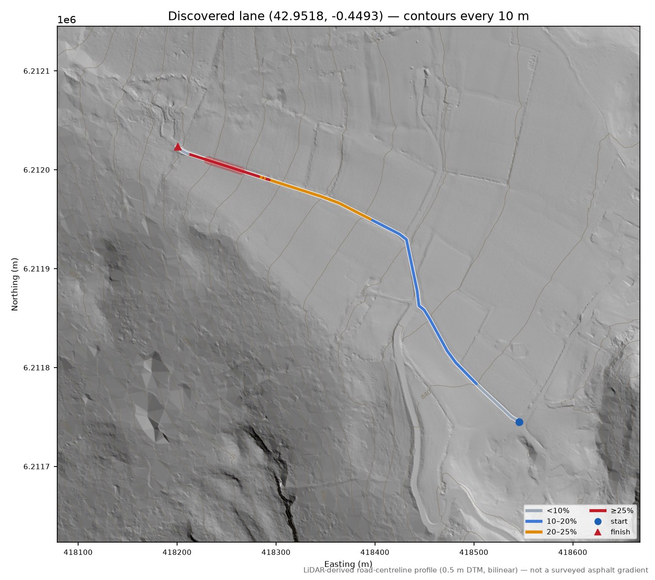 Discovered lane (42.9518, -0.4493) LiDAR hillshade map with contours
