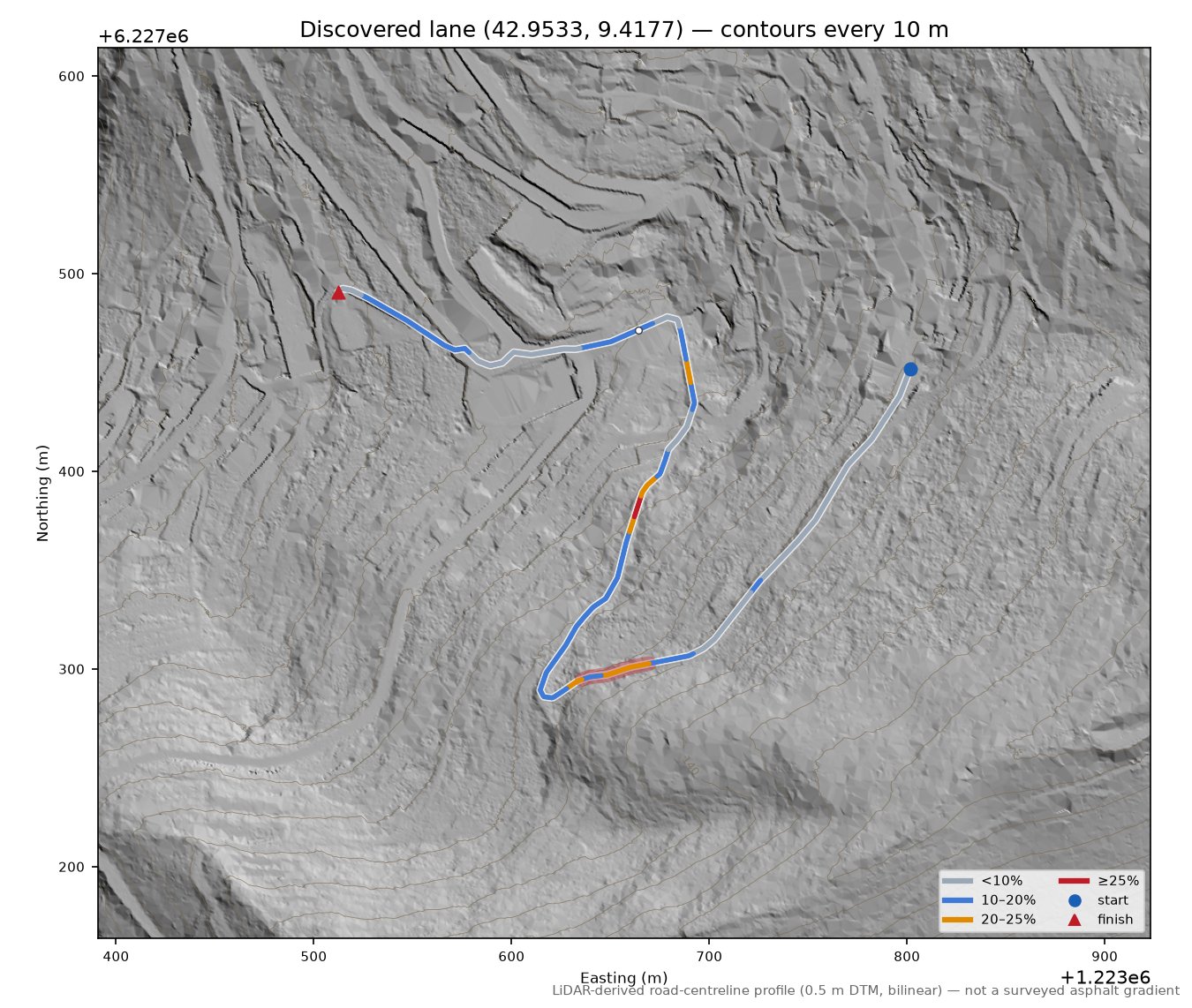 Discovered lane (42.9533, 9.4177) LiDAR hillshade map with contours