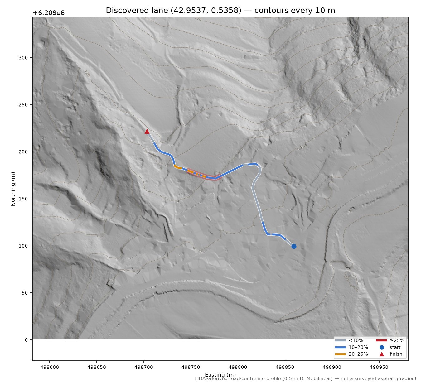 Discovered lane (42.9537, 0.5358) LiDAR hillshade map with contours