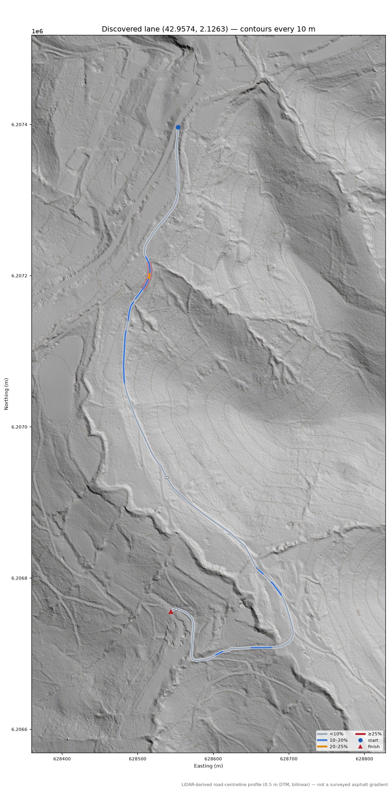 Discovered lane (42.9574, 2.1263) LiDAR hillshade map with contours