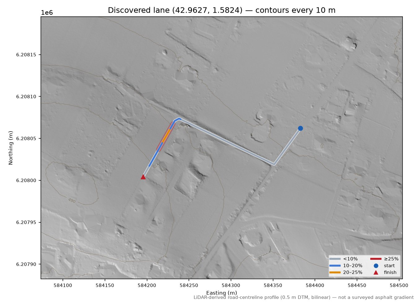 Discovered lane (42.9627, 1.5824) LiDAR hillshade map with contours