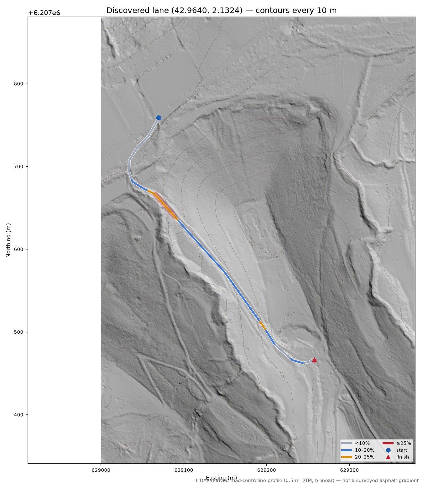 Discovered lane (42.9640, 2.1324) LiDAR hillshade map with contours