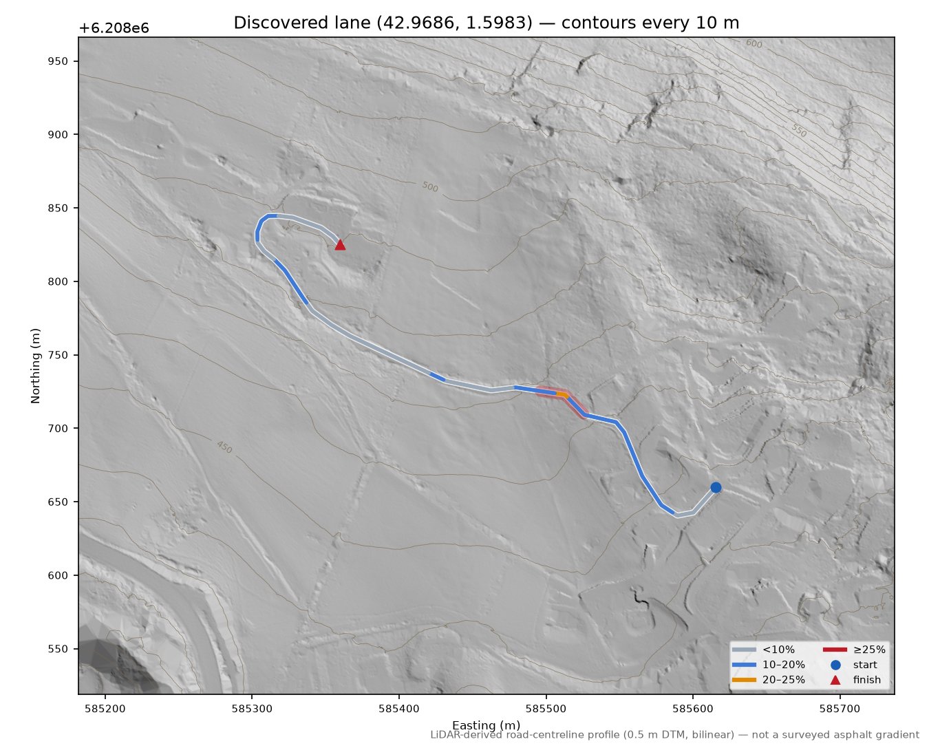 Discovered lane (42.9686, 1.5983) LiDAR hillshade map with contours