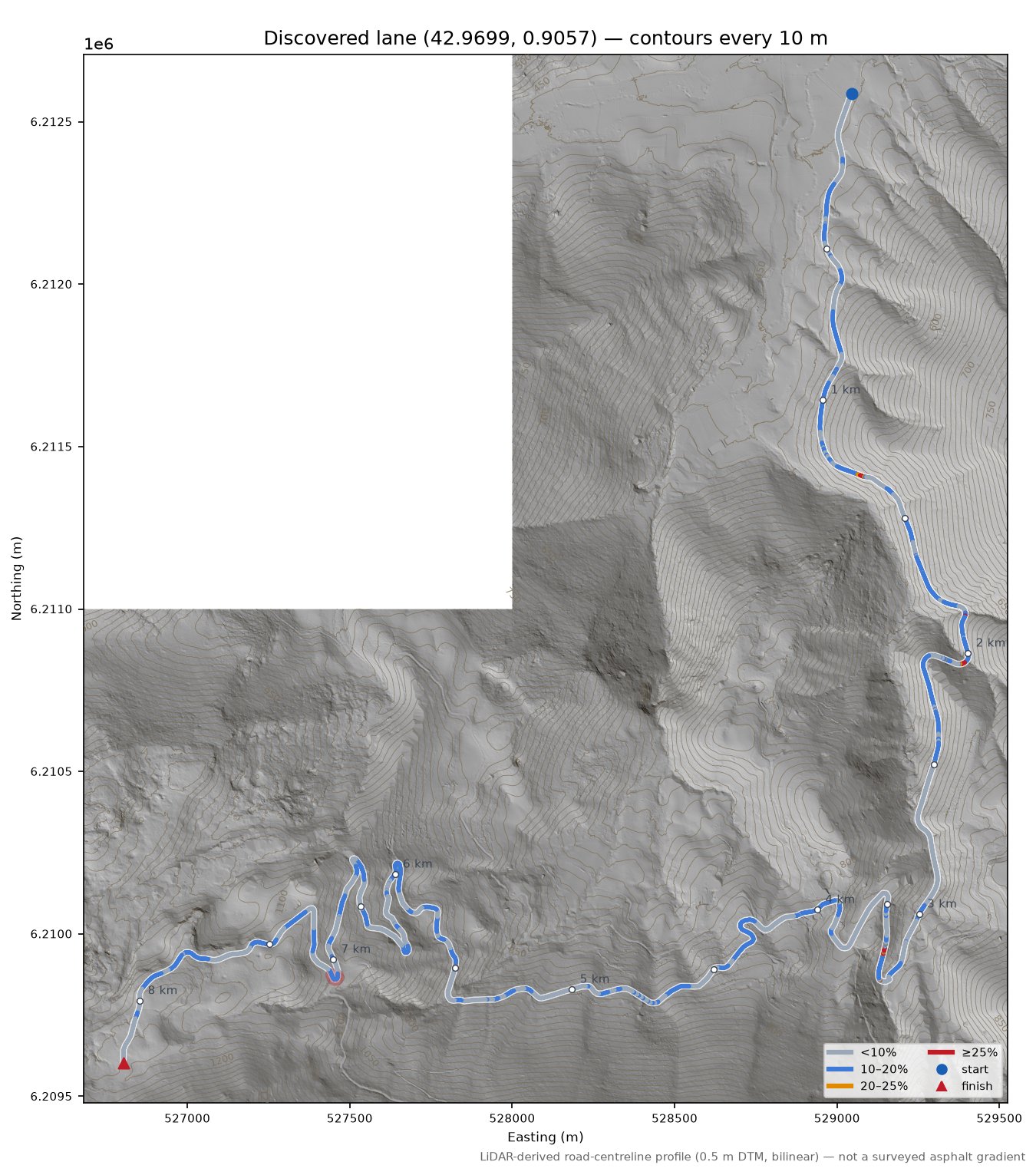 Discovered lane (42.9699, 0.9057) LiDAR hillshade map with contours