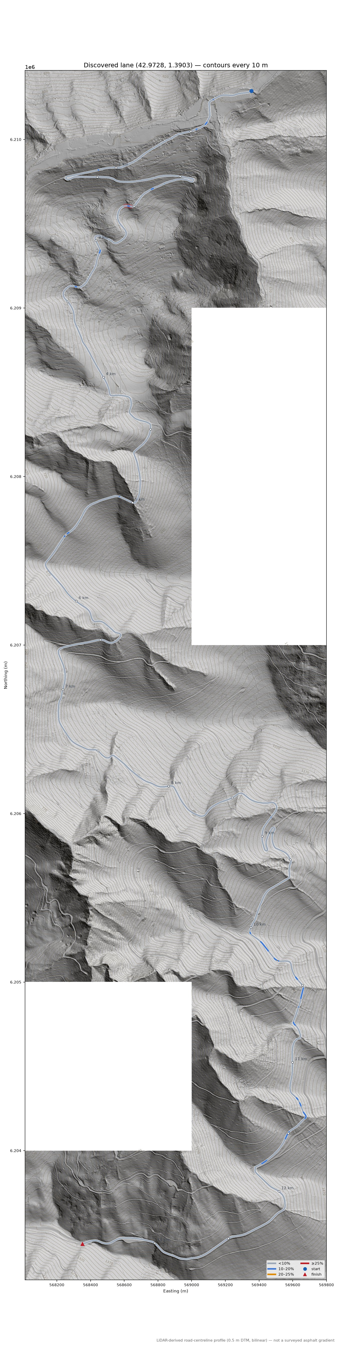 Discovered lane (42.9728, 1.3903) LiDAR hillshade map with contours