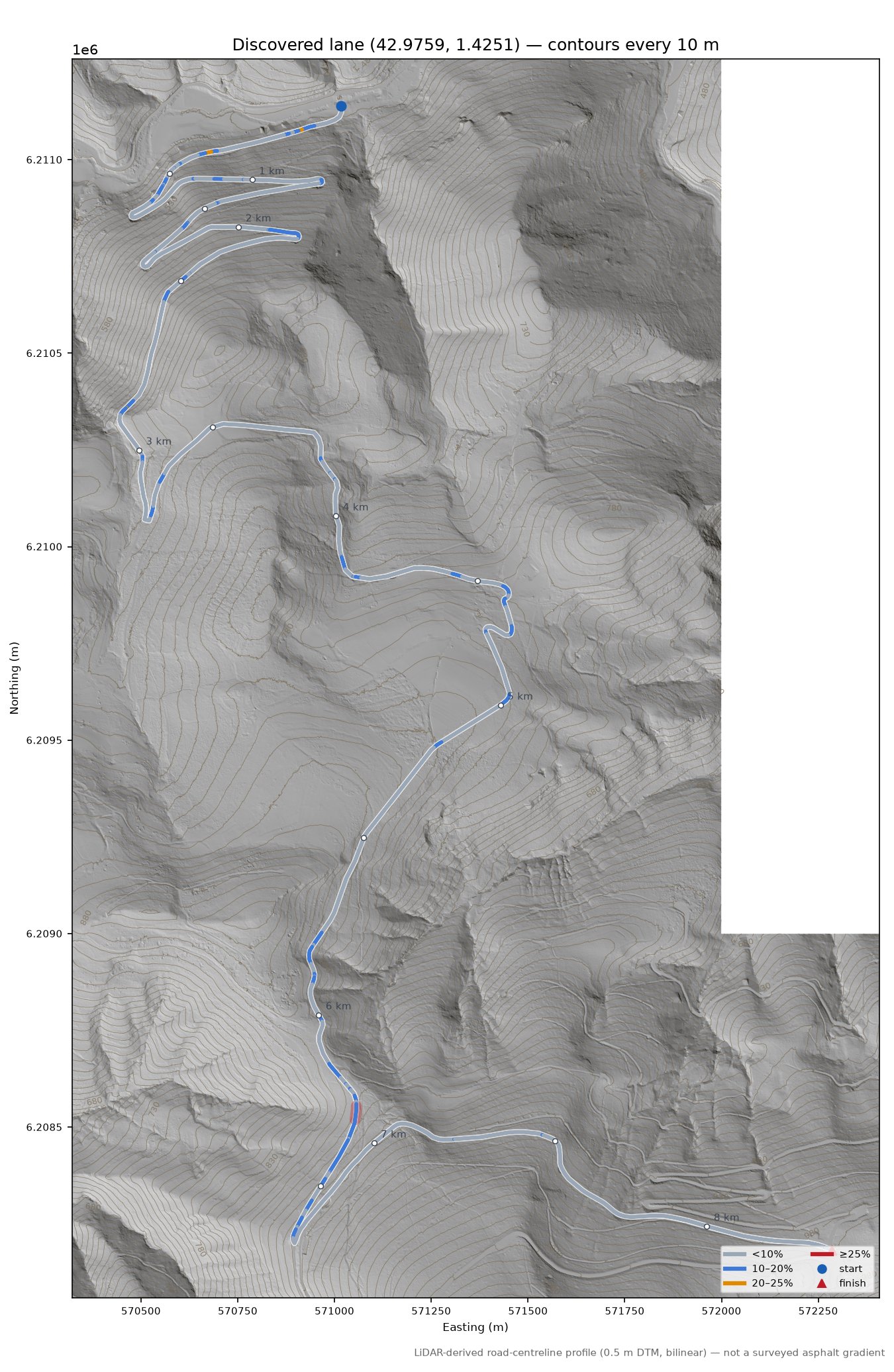 Discovered lane (42.9759, 1.4251) LiDAR hillshade map with contours