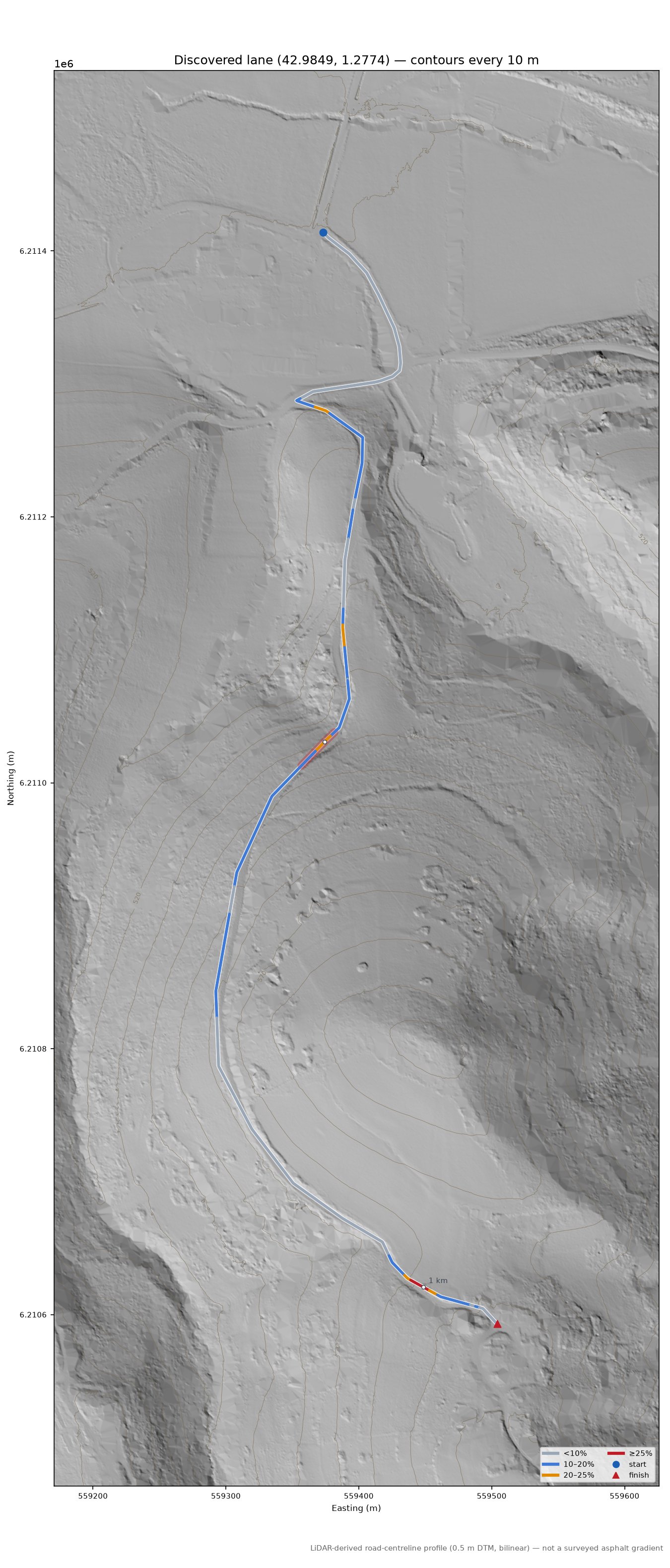 Discovered lane (42.9849, 1.2774) LiDAR hillshade map with contours