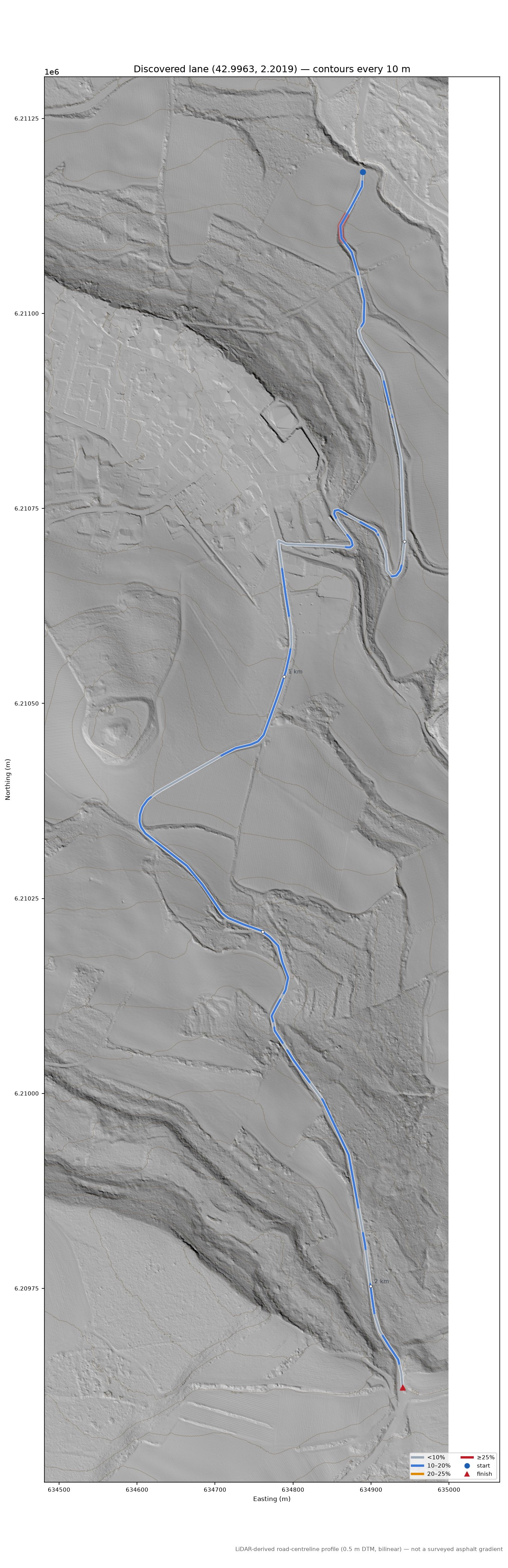 Discovered lane (42.9963, 2.2019) LiDAR hillshade map with contours