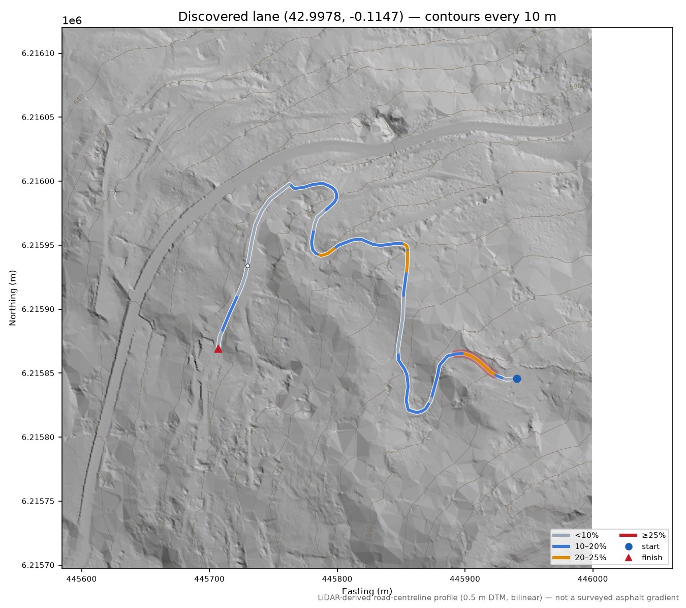 Discovered lane (42.9978, -0.1147) LiDAR hillshade map with contours