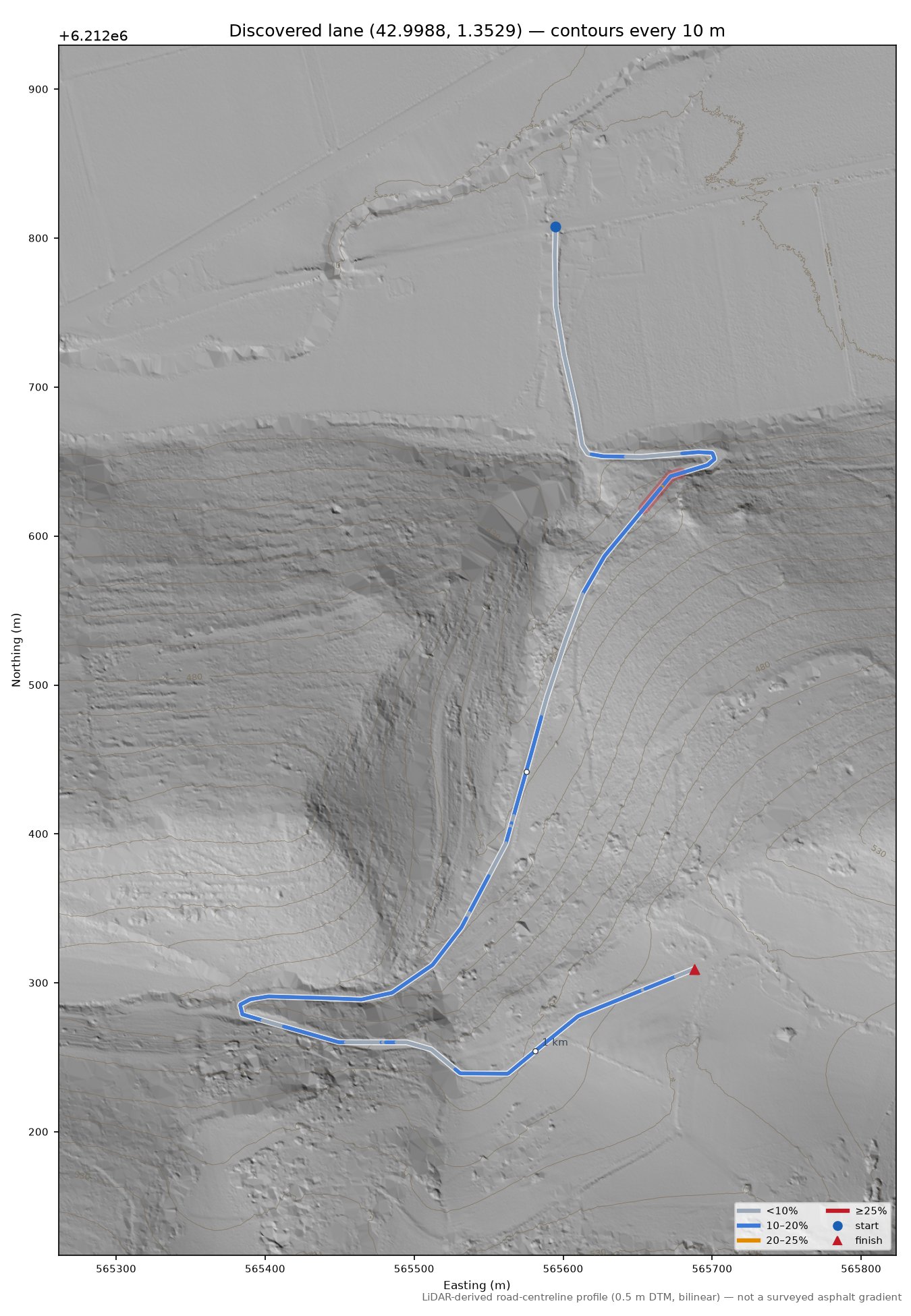 Discovered lane (42.9988, 1.3529) LiDAR hillshade map with contours