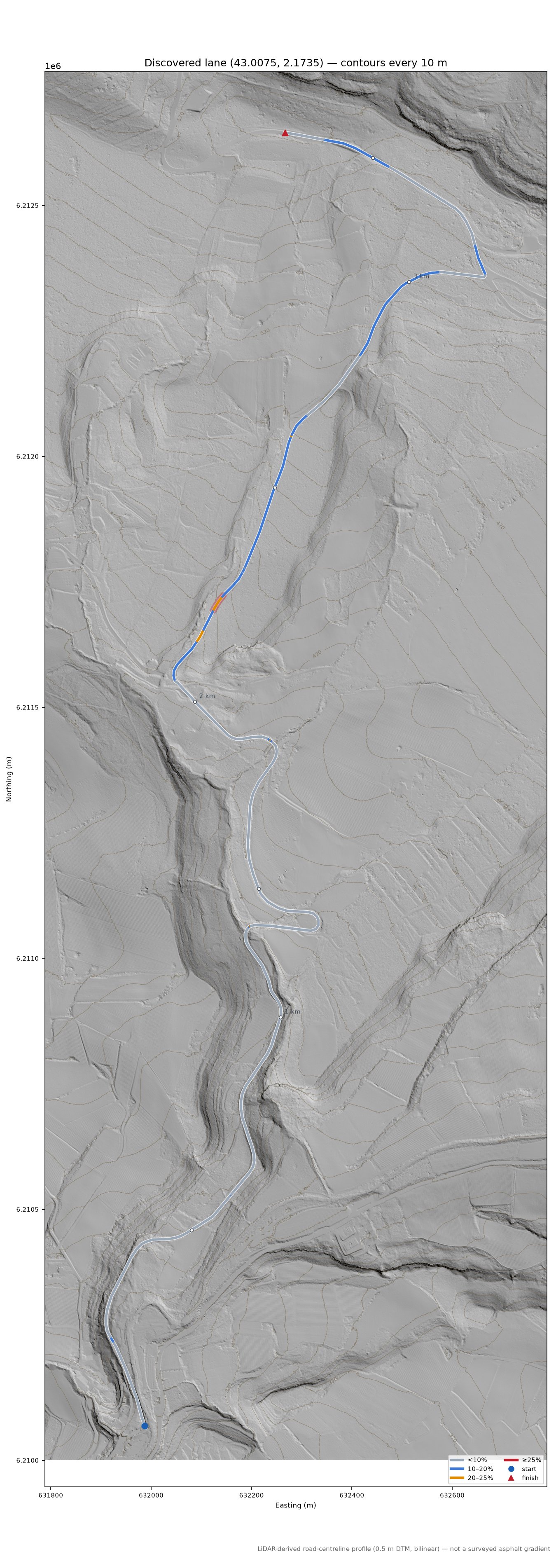 Discovered lane (43.0075, 2.1735) LiDAR hillshade map with contours
