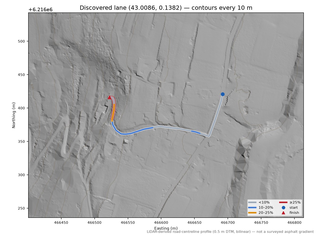Discovered lane (43.0086, 0.1382) LiDAR hillshade map with contours
