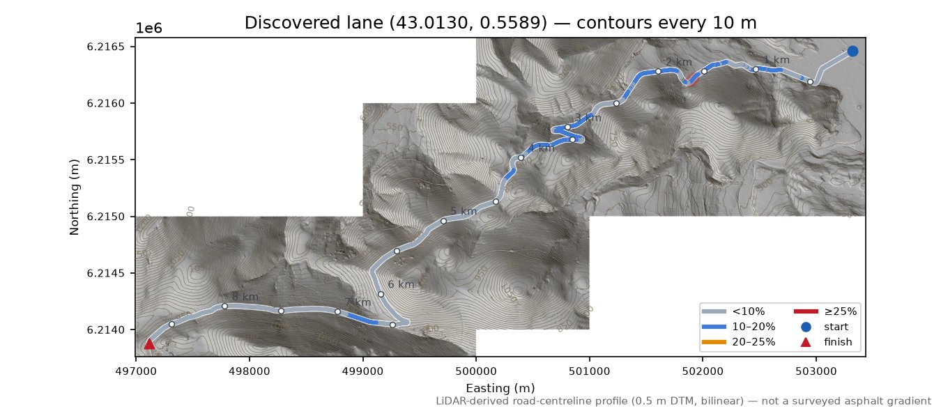 Discovered lane (43.0130, 0.5589) LiDAR hillshade map with contours