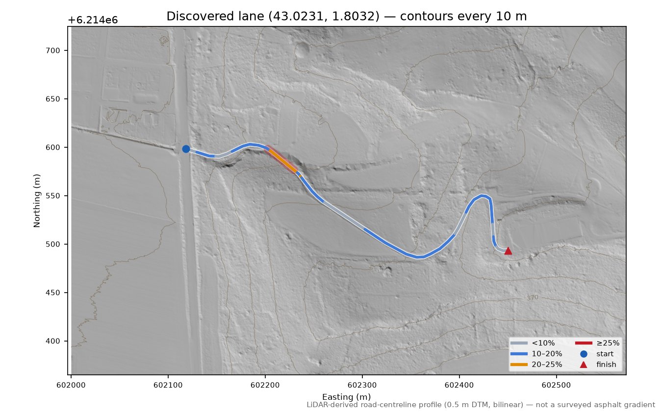 Discovered lane (43.0231, 1.8032) LiDAR hillshade map with contours