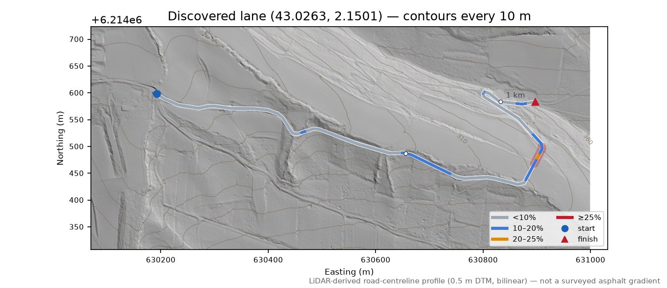 Discovered lane (43.0263, 2.1501) LiDAR hillshade map with contours