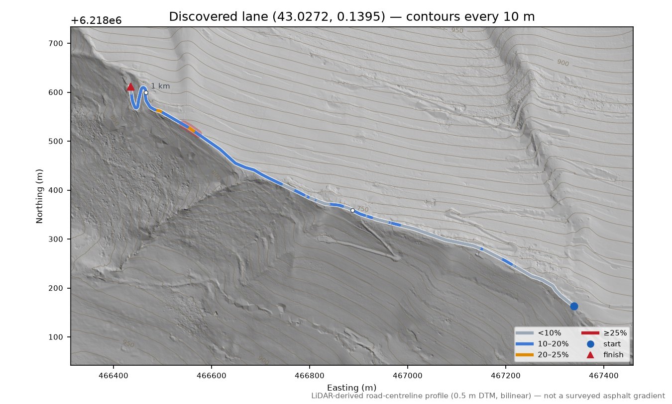 Discovered lane (43.0272, 0.1395) LiDAR hillshade map with contours