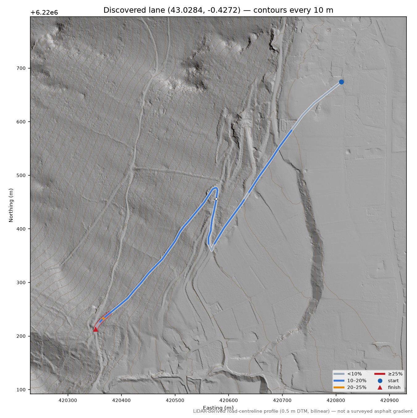 Discovered lane (43.0284, -0.4272) LiDAR hillshade map with contours
