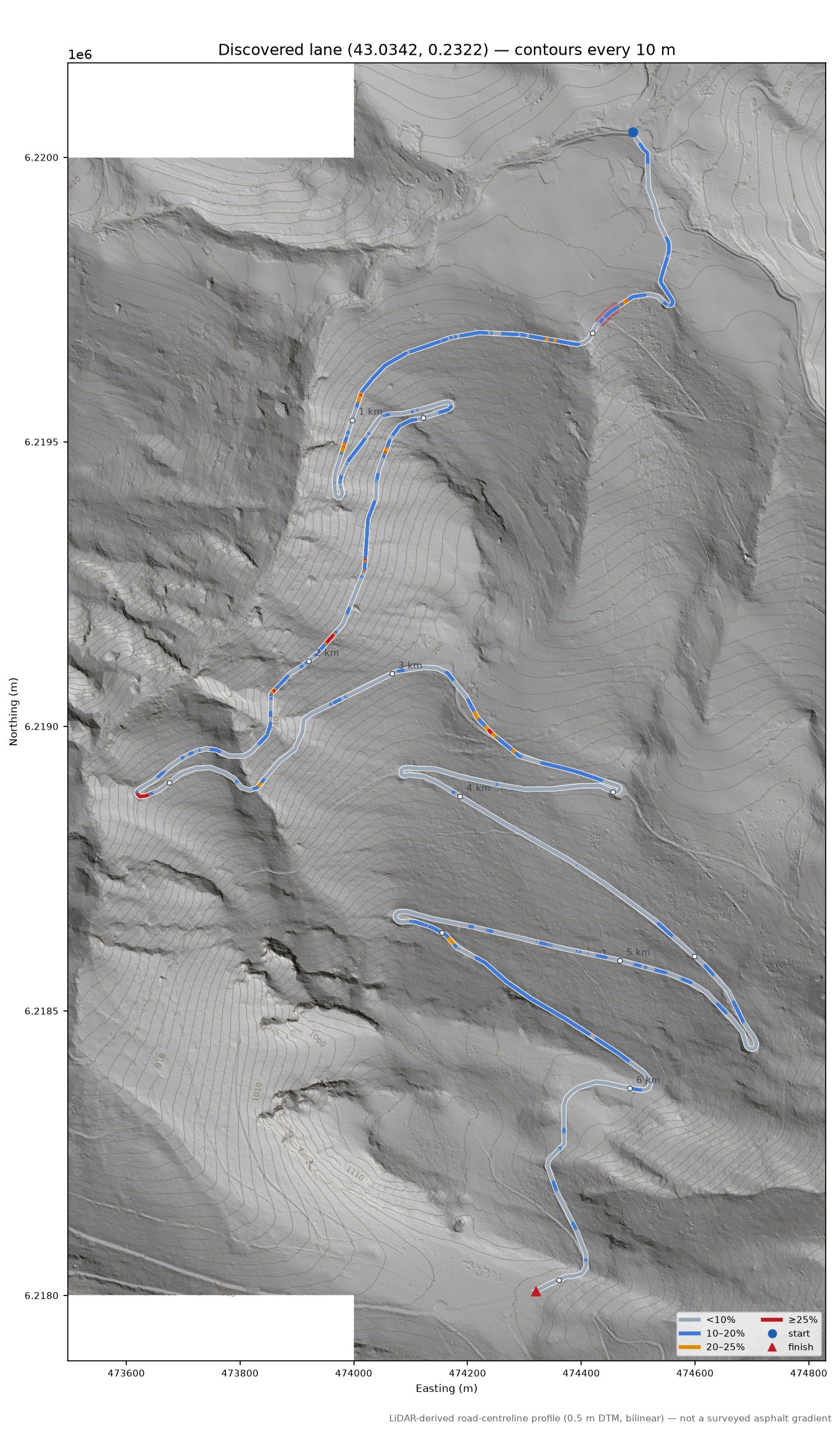 Discovered lane (43.0342, 0.2322) LiDAR hillshade map with contours