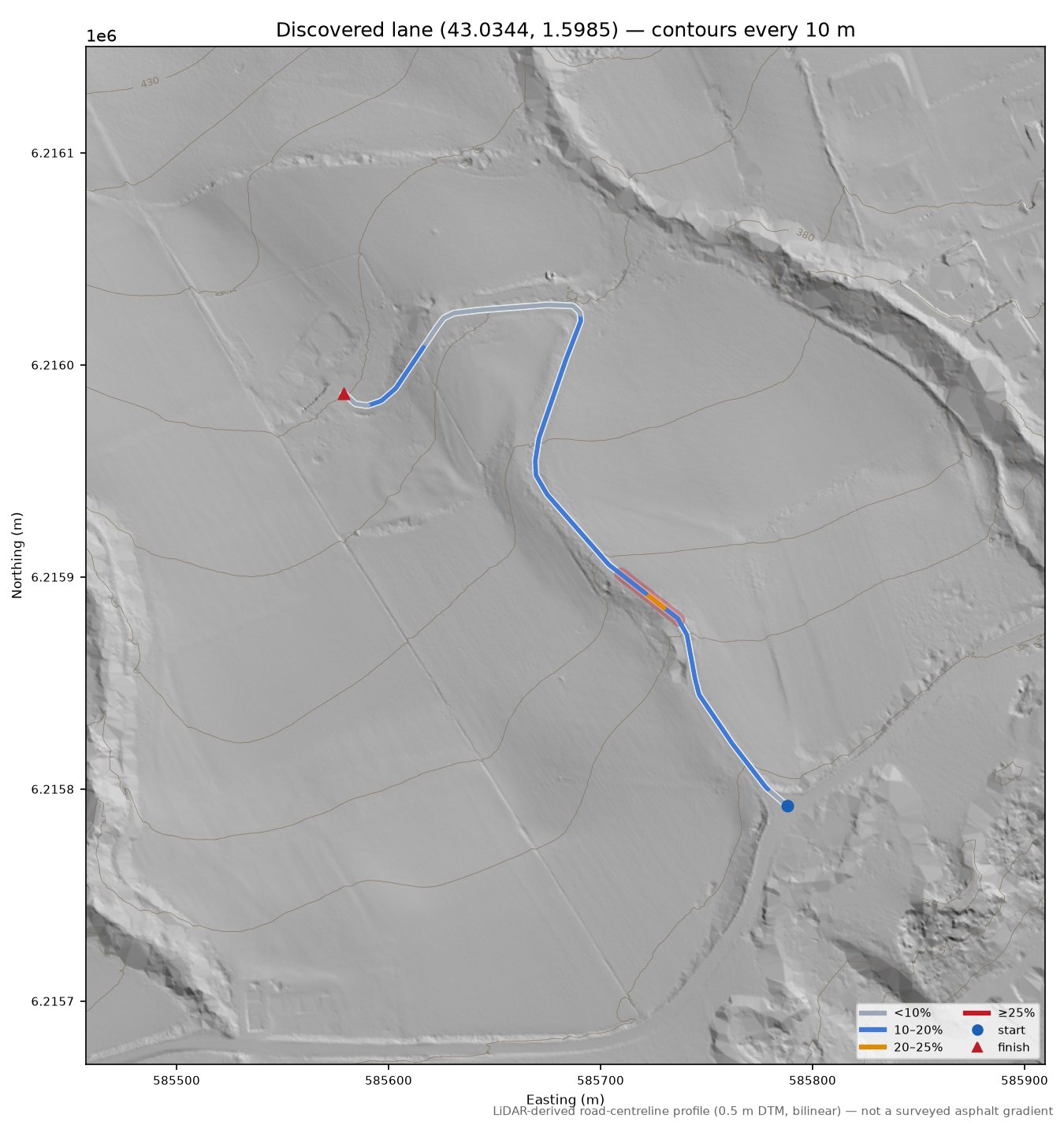 Discovered lane (43.0344, 1.5985) LiDAR hillshade map with contours