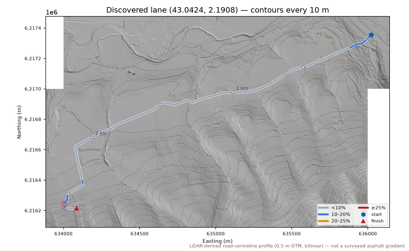 Discovered lane (43.0424, 2.1908) LiDAR hillshade map with contours
