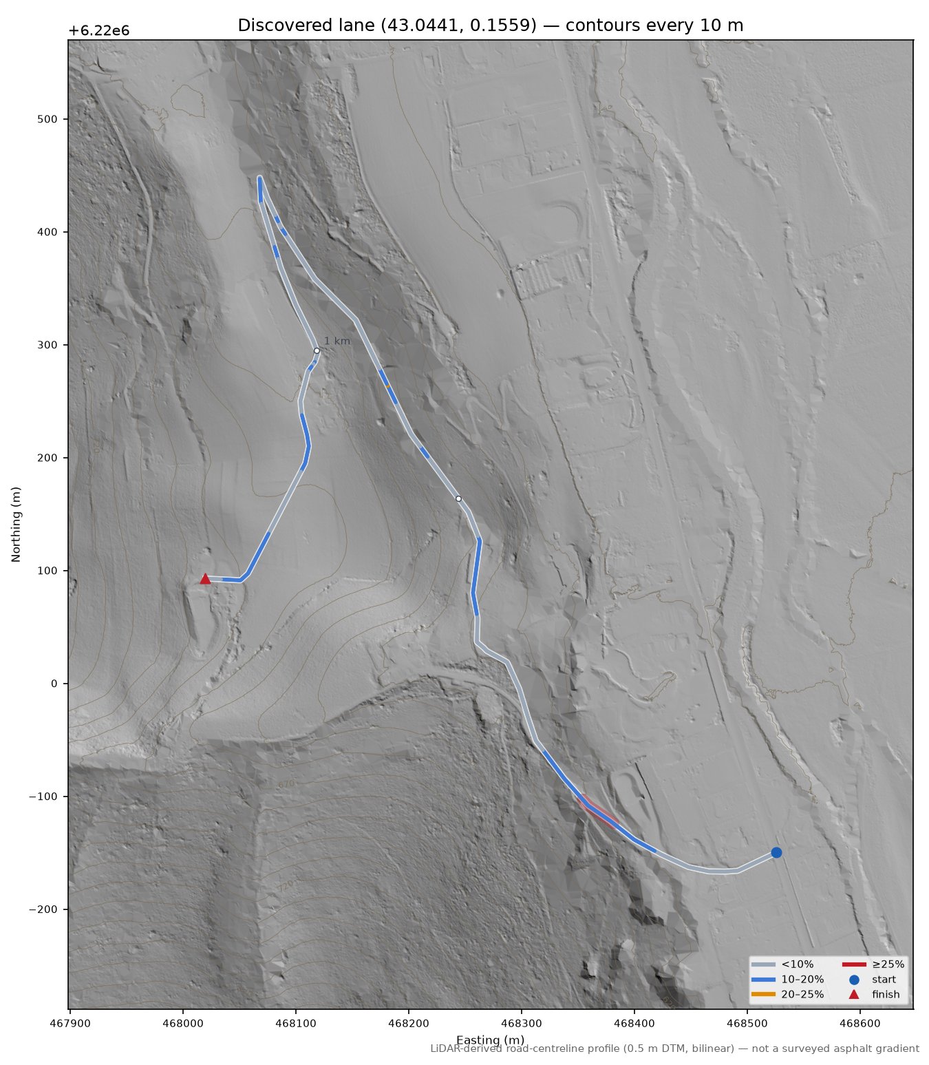 Discovered lane (43.0441, 0.1559) LiDAR hillshade map with contours