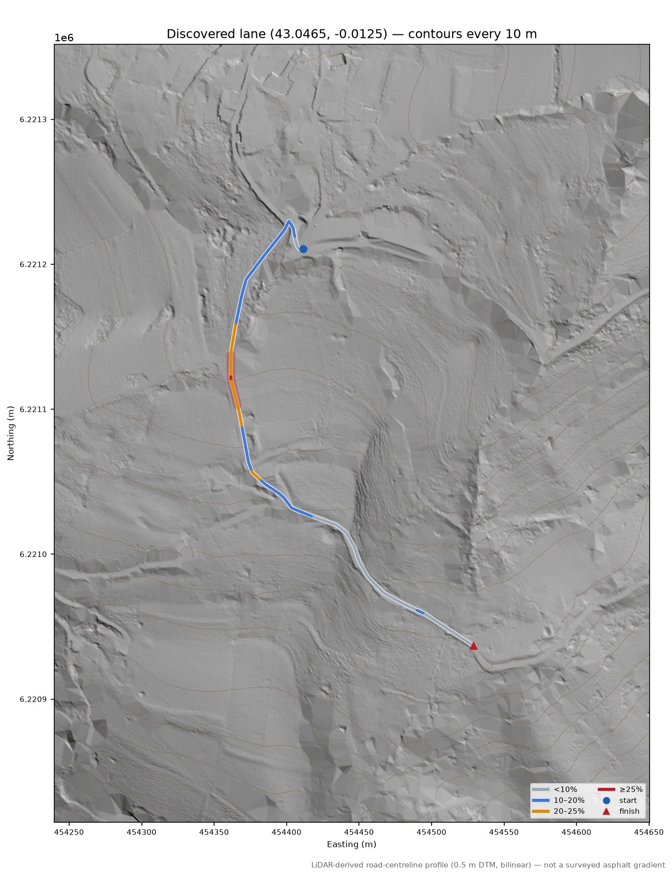 Discovered lane (43.0465, -0.0125) LiDAR hillshade map with contours
