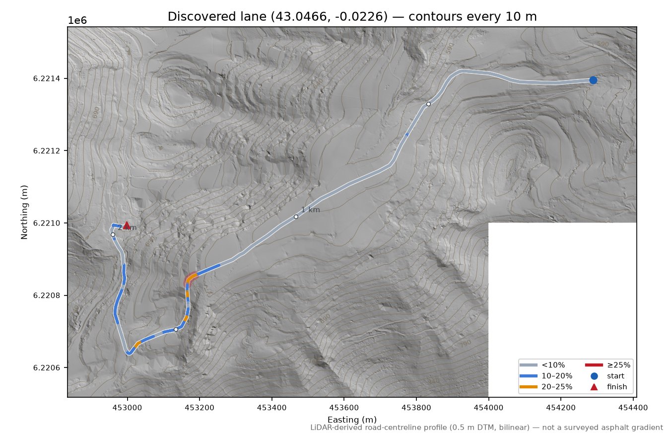 Discovered lane (43.0466, -0.0226) LiDAR hillshade map with contours