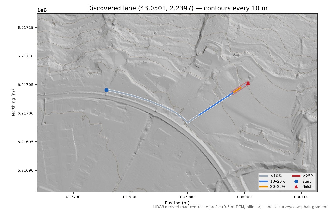 Discovered lane (43.0501, 2.2397) LiDAR hillshade map with contours
