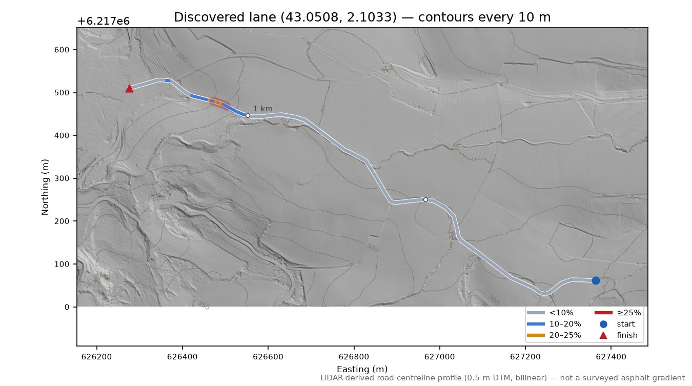 Discovered lane (43.0508, 2.1033) LiDAR hillshade map with contours