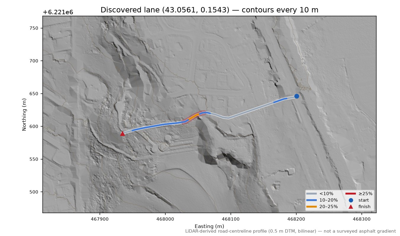 Discovered lane (43.0561, 0.1543) LiDAR hillshade map with contours