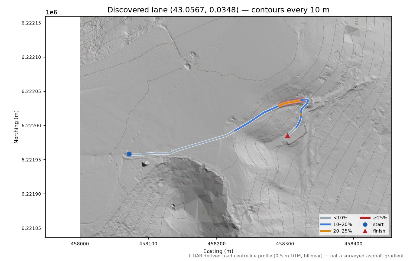 Discovered lane (43.0567, 0.0348) LiDAR hillshade map with contours